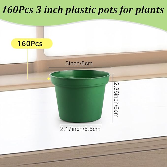 RooTrimmer 160 Pack 3 Inch Green Nursery Pots - Plastic Seedling, Seed Starter, Germination Pots with Drainage for Plants, Succulents, Flowers, Transplanting Gardening Gifts