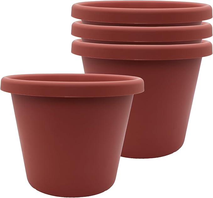 The HC Companies 8.5 Inch Classic Round Planter Pots with Drainage, Rolled Rim Plastic Planters for Indoor & Outdoor Plants, 4-Pack Decorative Flower Pots for Garden, Office & Home Decor, Clay