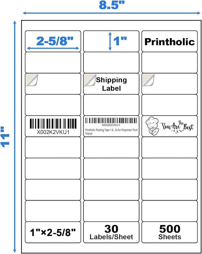 Printholic 15000 30 Per Sheet Self Adhesive 1" x 2-5/8" Address Shipping Labels for Laser & Inkjet Printers - 500 Sheets, 30 Per Labels Per Page, 30 up Labels