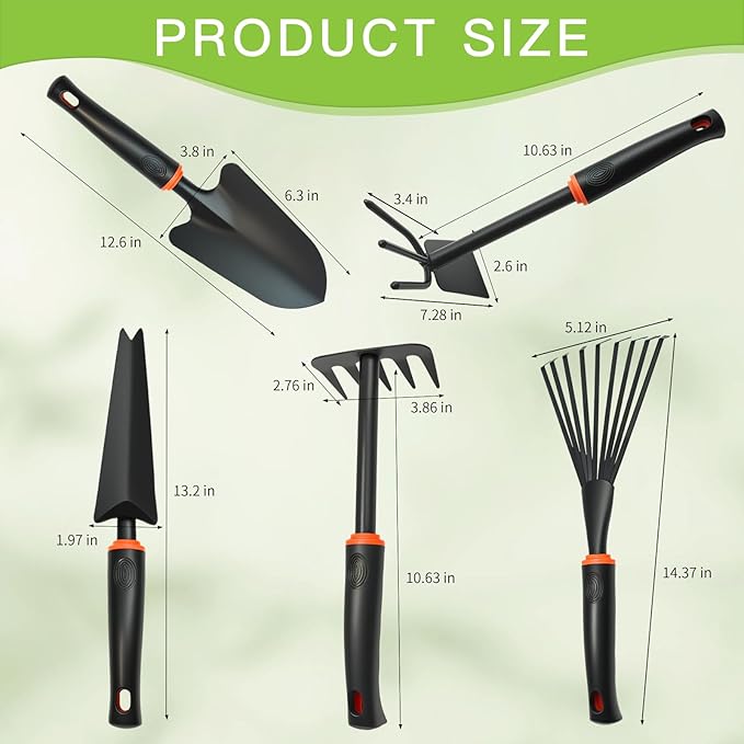 5 Pack Garden Tool Set, Gardening Hand Tools with Rubber Handle, Including Trowel, Rakes, 2-in-1 Hoe and Crack Weeder for Planting, Weeding, Transplanting, Digging, Trimming and Clearing