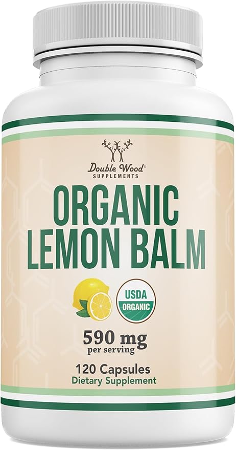 Double Wood Supplements Organic Lemon Balm 120 Capsules - for Digestion & Relaxation 590mg - 120 Servings - Non-GMO, Gluten Free, and Vegan Safe