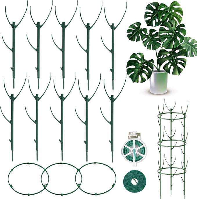 10Pack Stackable Plant Support, 2 in 1 Monstable Plant Stakes & Tomato Cage Kits for Indoor Outdoor Climibing Plants, Durable Alternative to Moss Pole Sticks Trellis for Houseplants Potted