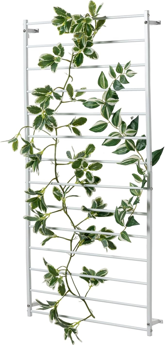 MyGift 4 Foot Tall Modern White Metal Wall Mounted Horizontal Bars Trellis, Outdoor Hanging Support Frame for Climbing Garden Plants and Crawling Vines