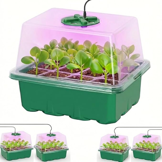 Seed Starter Tray kit with Grow Lights, 48 Cells Total (4 Trays of 12), Full Spectrum Mini Greenhouse for Indoor Plant Germination, Green