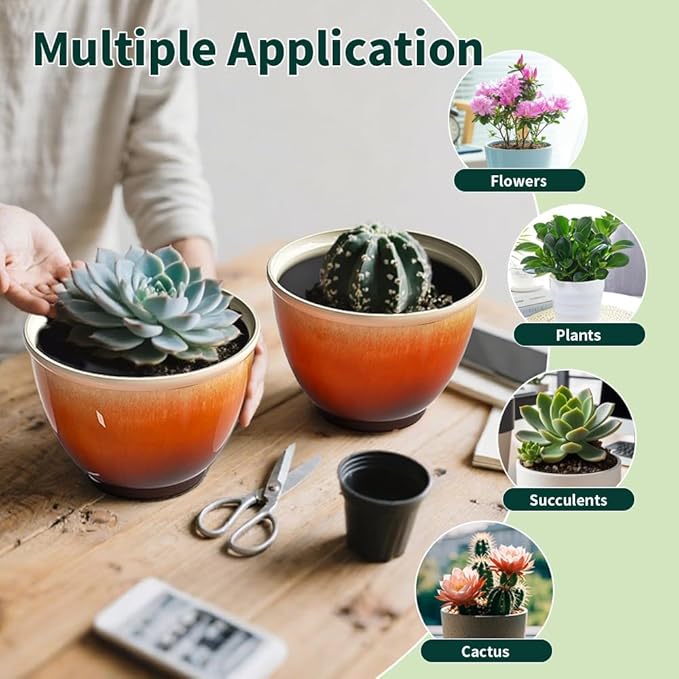 8 Inch Plant Pots with Drainage Hole, 4 Pack Plastic Flower Pots, Modern Sleek Decorative Planter for Indoor Outdoor Plants Succulent Snake (Orange)