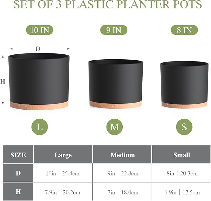 10/9/8 Inch Large Plant Pots with Drainage Holes and Trays, 3 Pack Modern Minimalist Cylinder Planters for Monstera, Snake Plant, Indoor Outdoor (Matte Black & Brown)