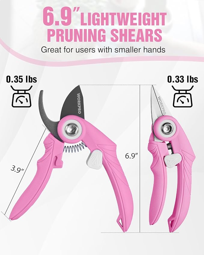 WORKPRO 2 Pack Garden Pruning Shears, 6.9" Bypass & Straight Shears, Premium Gardening Clippers for Flowers, Plants, and Fruit Trimming, Pink