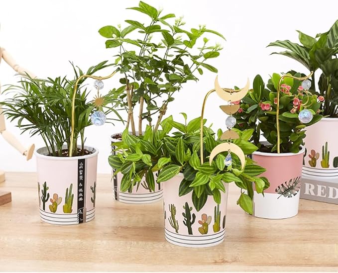 3Pcs Small Metal Trellis Gold Plant Support Stake Brass Plant Stake Cute Plant Decoration with Sun Moon Pendant for Garden Potted Plant Hoya Pothos Flower Monstera