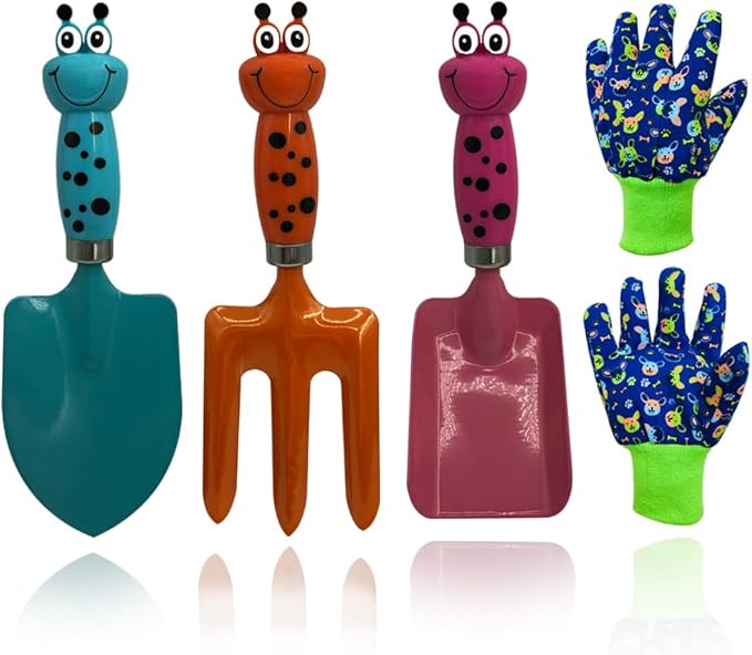 Kids Gardening Tools Gloves Set 3 Cute Shovel Spade for Kid Garden Work with 1 Toddler Gloves for Teen Boy Girls