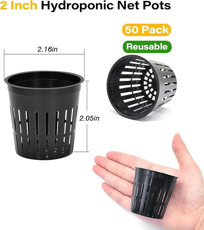 ZeeDix 2 Inch Net Pots for Hydroponics, 50 Pack Mesh Net Cups Hydroponic Baskets Plant Nursery, Reusable Heavy Duty Wide Lip Round Bucket Basket for Plants