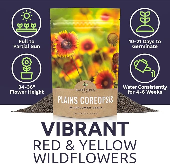 Plains Coreopsis Seeds – Native Flowers – Bulk Quarter Pound Bag – Over 400,000 Open Pollinated Non-GMO Wildflower Seeds – Coreopsis tinctorial