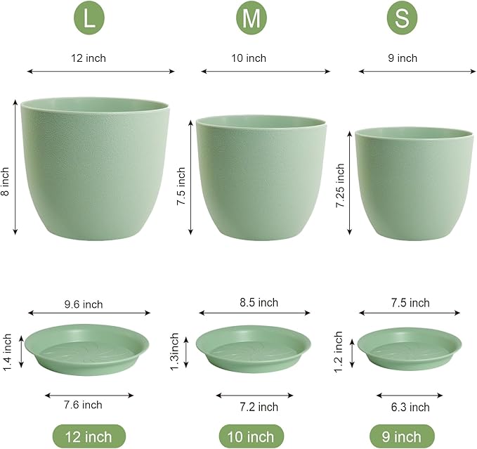 Large Plant Pots 12/10/9 inch, Set of 3 Modern Decorative Plastic Planters with Drainage Holes and Saucers, Flower Pots for Indoor Outdoor Plants, Green
