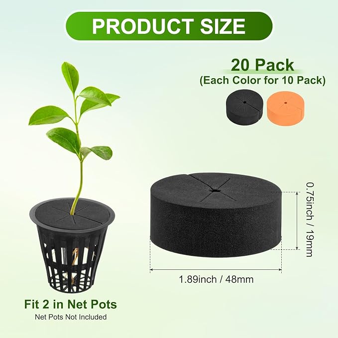 20-Pack Cloning Collars Inserts, Hydroponics Sponge Systems Cloning DIY Foam Cloner Inserts Fits 2" Net Pots for Hydroponic/Clone Machines/Plant Germination [Black, Orange]