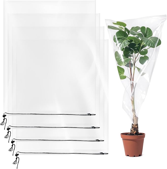 4 PCS Winter Plant Film Covers with Drawstring-31.5" x 39.4" Transparent Freeze Protection Bag Clear Plastic Plant Shelter Waterproof Coverings for Outdoor Garden Plant Rain Snow Frost Protection