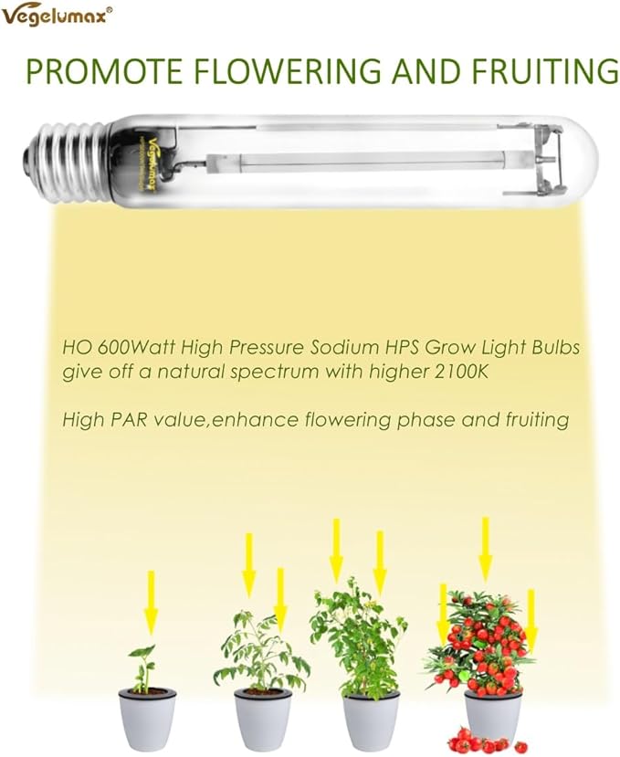 600Watt Hydroponic High Pressure Sodium HPS Grow Light Bulb Lamp,High PAR Enhanced Red and Orange Spectrums,CCT 2100K,Ultra Bright 90,000 Lumens,E39 Base,1pack