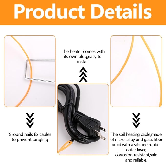 118Ft Soil Heating Cable with Thermostat, Rubber Heated Warming Cable for Seed Starting, Outdoor Greenhouse, Cold Frame & Garden Beds, Plant Root Winter Protection Kit Includes Ground Stakes