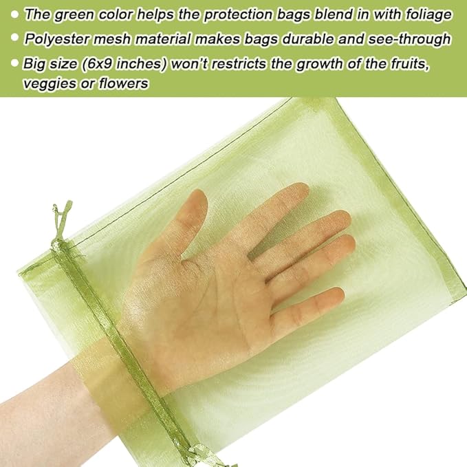 100pcs Fruit Protection Bags 6x9 inch, Green Netting Cover Bags Drawstring Mesh Fruit Protectors Pest Barrier for Tomato Mango Trees Veggies Garden