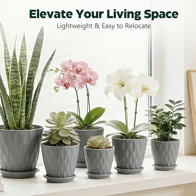 Plant Pots, Self Watering Planters with Drainage Holes and Trays, Flower Pots for Indoor Outdoor - 6 Pack(4/5/6/6.5/7/8 Inch) (Gray)