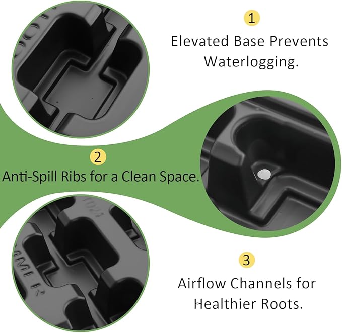 RooTrimmer 24 Cell Nursery Pots Trays 10 Pack (17"x11"x1.6"), Reusable Plastic Plant Pot Tray with Drain Holes, Carrying Seed Starter Tray for Holding 2.8 inch (7CM) Square Nursery Pots (Black)