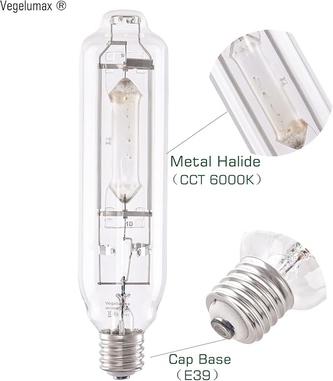 MH 1000W Metal Halide Single Ended HID Grow Light Bulb Lamp High PAR Enhanced Blue and Violet Spectrums for Hydroponic Horticulture Vegetative Growth,CCT 6000K,92,000Lumens,E39 Base