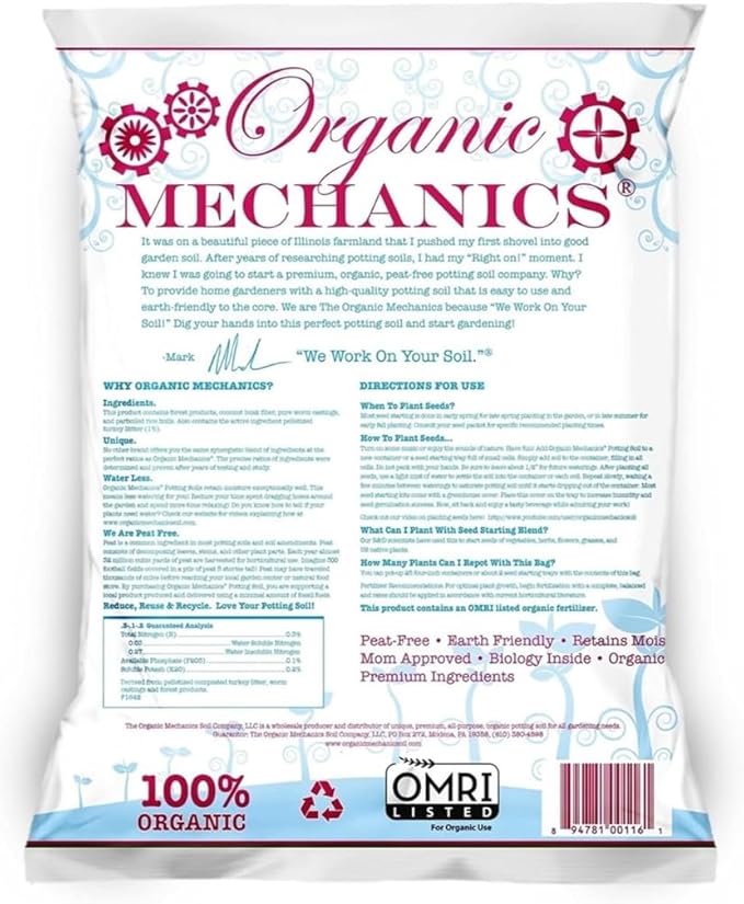 Organic Mechanics Seed Starting Potting Soil Blend, 8 qt (Pack of 4) – Provides Optimal Seed Germination with Coconut Coir, Aged Pine Bark, Rice Hulls, and Worm Castings – Peat-Free & Eco-Friendly