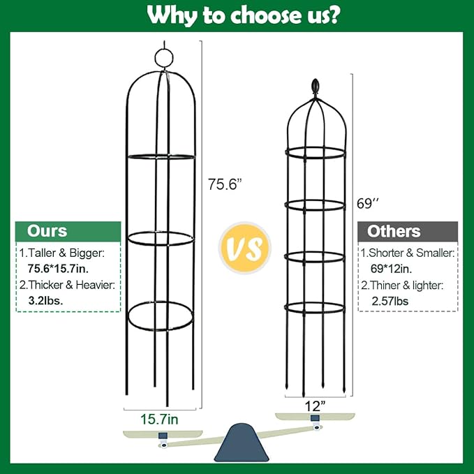 Tower Obelisk Garden Trellis 100% Metal 6.3 Feet Tall Plant Support for Climbing Vines and Flowers Stands,Black Green Lightweight Plant Tower