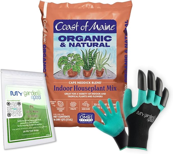 Coast of Maine HP4000 Cape Neddick Indoor Houseplant Mix 16 qt with My Garden Pool 7-in-1 Soil Test Strips, 20 ct. and Claw Gardening Gloves
