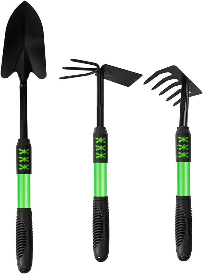 Garden Tool Set, 3 Pack Gardening Tools, Stainless Steel Heavy Duty Hand Cultivator, Hoes, Shovel, for Planting Weeding Digging, Gardening Gifts for Women, Green