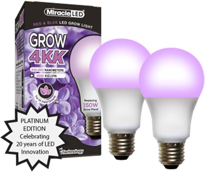 Miracle LED 4KK Indoor Grow Light Bulb – 4000K Red and Blue Spectrum Grow Bulbs for Vegetables, Herbs, Hydroponics. (2-Pack)