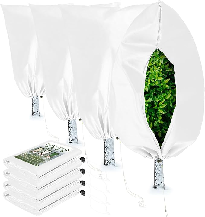 Homimp Plant Covers Freeze Protection, 4 Pack Frost Covers with Zipper Drawstring (31.5" x 47.3") Plant Protection Cover Bags for Outdoor Winter Frost Cold Weather Shrubs Trees Jacket Covers(White)