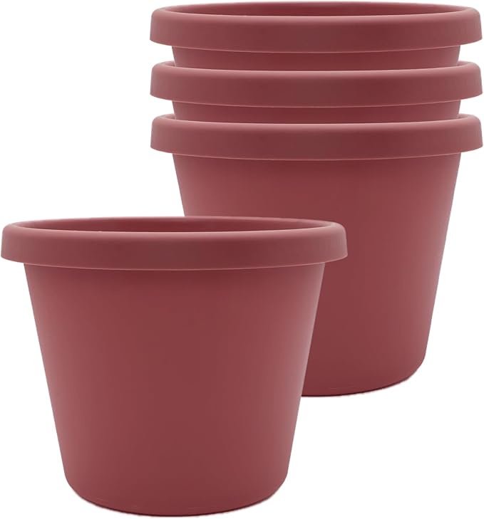 The HC Companies 8 Inch Prima Round Planter Pots with Drainage Holes and Rolled Rim, Lightweight UV-Resistant Plastic Indoor & Outdoor Planters, 4-Pack Flower Pots for Garden & Home Decor, Marsala