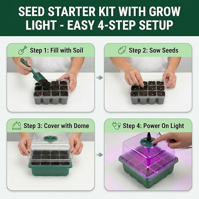 Seed Starter Tray kit with Grow Lights, 48 Cells Total (4 Trays of 12), Full Spectrum Mini Greenhouse for Indoor Plant Germination, Green