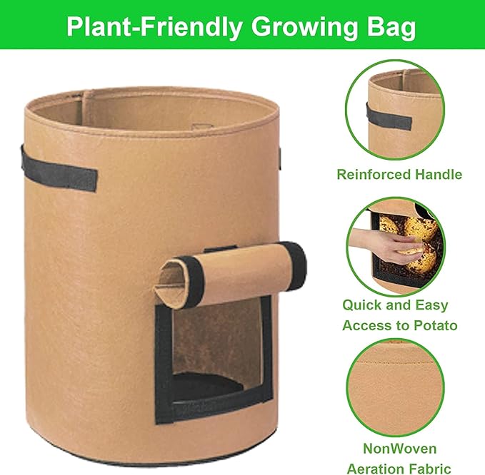JJGoo 4 Pack Potato Grow Bags 10 Gallon with Flap, Heavy Duty Fabric Grow Bags with Handle and Harvest Window, Non-Woven Planter Pot Plant Garden Bags to Grow Vegetables Potato Tomato, Brown
