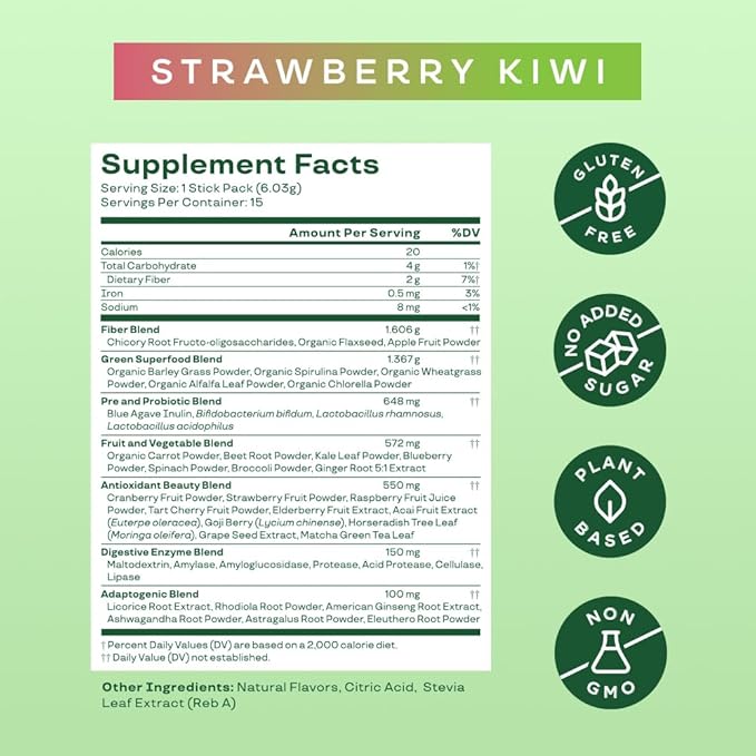 Bloom Nutrition Greens and Superfoods Powder Packets for Digestive Health, Greens Powder, Digestive Enzymes, Probiotics, Spirulina, Chlorella for Bloating & Gut Support, 15 Stick, Strawberry Kiwi