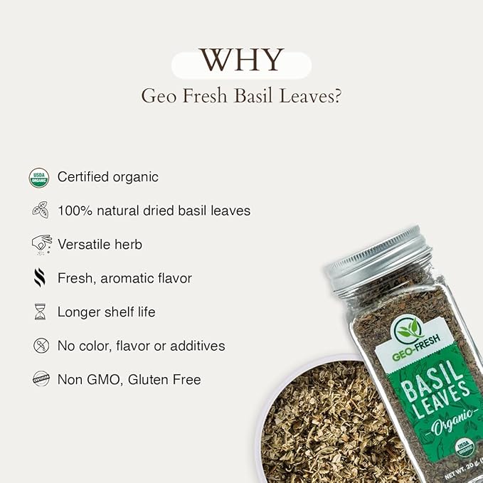 Geo-Fresh Organic Basil Leaves 0.71 oz (20g) – Dried Basil Seasoning for Cooking & Seasoning – Non-GMO, Kosher, USDA Certified Organic, Gluten-Free