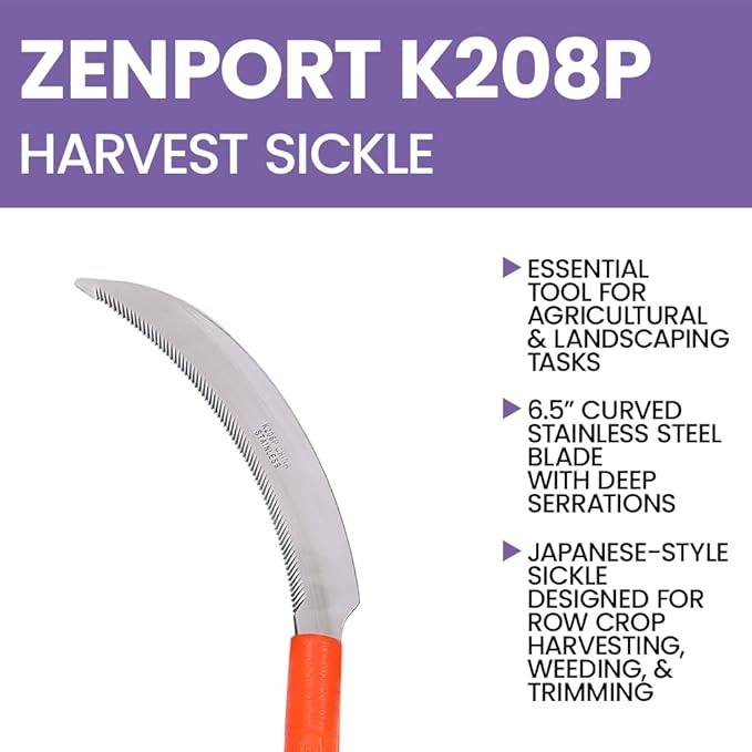 Zenport K208P Harvest Sickle with Plastic Handle, Light Serration, 6.5-Inch Stainless Steel Blade , Orange