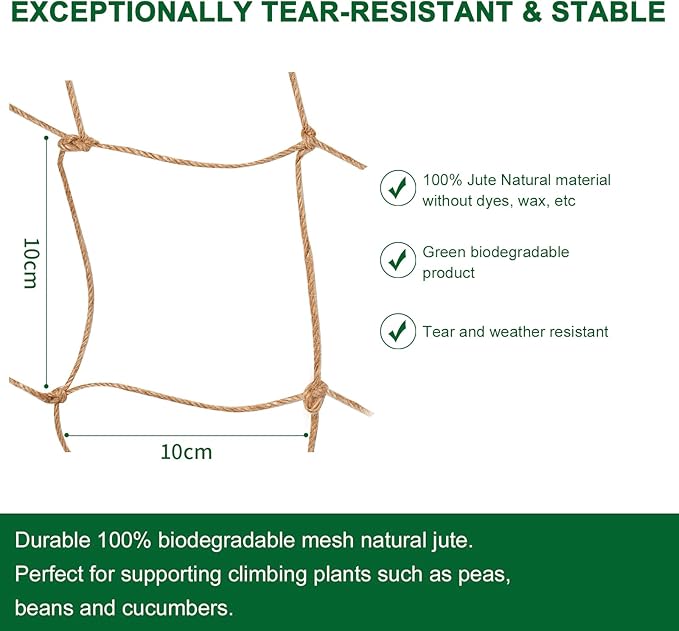 Jute Trellis Netting - Jute Netting for Garden, Heavy Duty Plant Support Netting for Climbing Plants, Cucumber, Vine, Fruits & Vegetables, Climbing Vining Plants (3.3 Ft X 16.4 Ft, 3.9 Inch Squares)