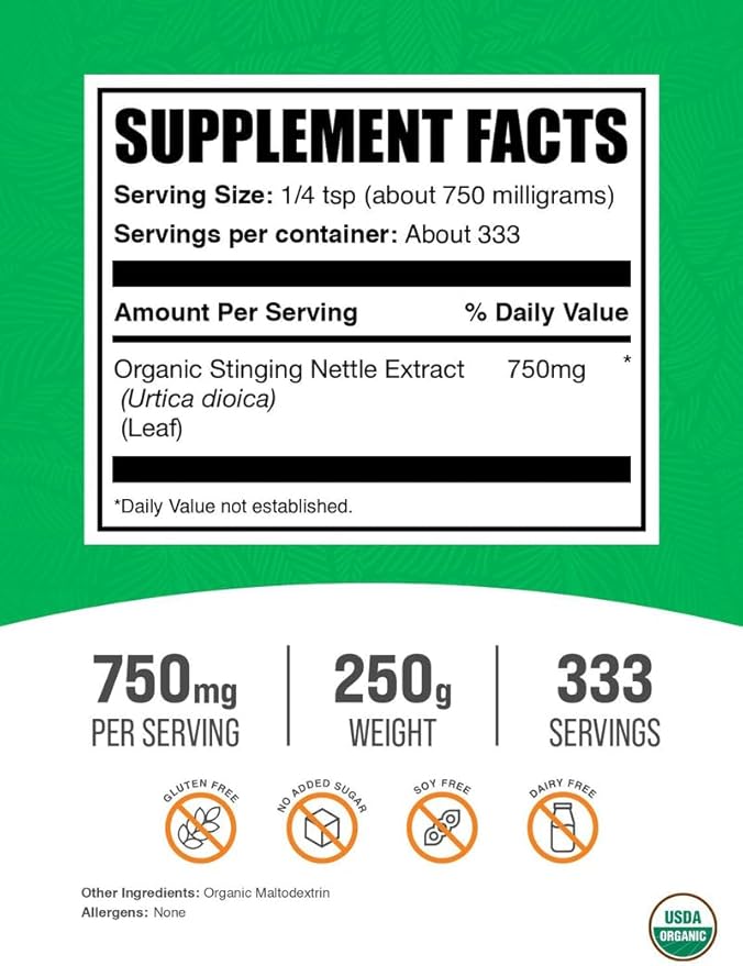 BulkSupplements.com Organic Stinging Nettle Extract Powder - Nettle Leaf Extract, Herbal Supplement - Vegan & Gluten Free, 750mg per Serving, 250g (8.8 oz) (Pack of 1)