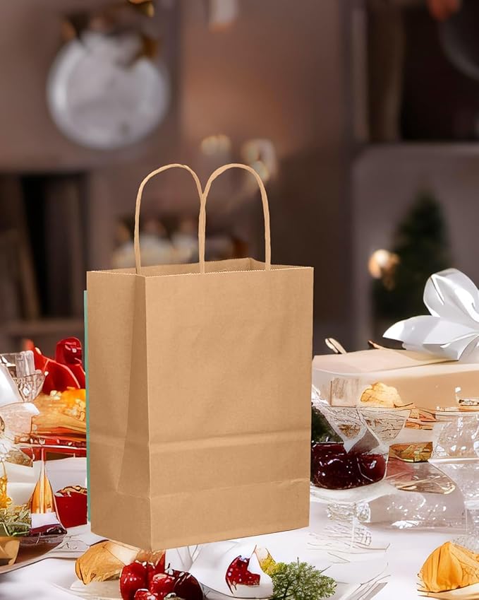 qiqee 200-Packs Brown Paper Gift Bags with Handles Bulk 8.3"x6"x3.15" Small Size Paper Bags Multiple Uses