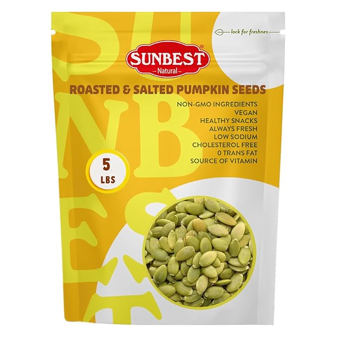 Sunbest Natural Roasted Pumpkin Seeds – 5 lb Bulk Bag – Shelled Pumpkin Seeds, Roasted Salted Pepitas – Fresh, Nutrient-Rich, Non-GMO, Vegan, Kosher – Perfect for Snacking, Cooking & Baking