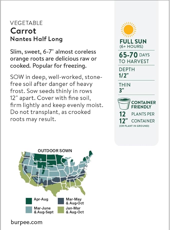 Burpee Organic Nantes Half Long Carrot Seeds - Sweet, Stump-Rooted Variety