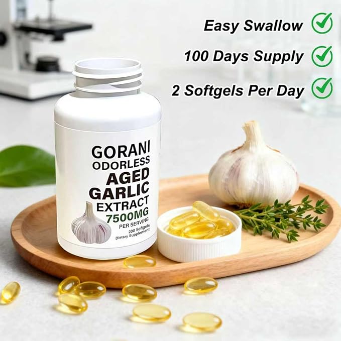 Gorani Odorless Aged Garlic Extract Capsules 7500mg, 200 Softgels, GMP-Certified, Garlic Supplements