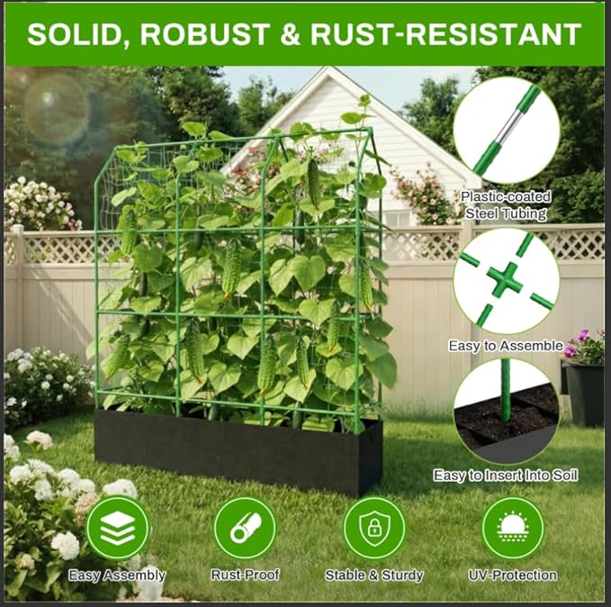 Large Cucumber Trellis with Grow Bag, 65" Tall Metal Garden Trellis for Climbing Plants Outdoor, Reusable Cucumber Trellis for Raised Bed with Netting for Tomatoes, Peas, Grapes Plant Support