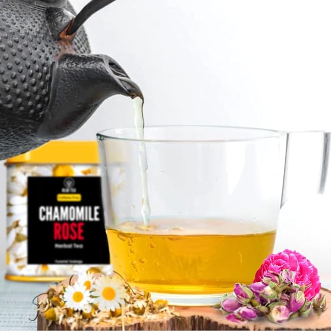 BLUE TEA - Chamomile Tea - Rose - 18 Count - Pyramid Plant Based Tea Bag | SKIN HEALTH | Detox Tea - Herbal Tea - Flower Based - Caffeine-free - Non-GMO - Vegan | Tin Pack