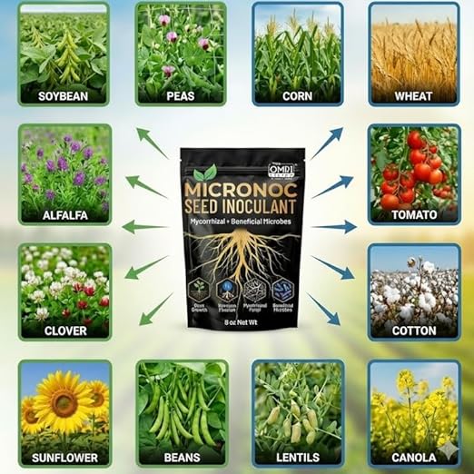Mycorrhizal Fungi + Beneficial Microbial Blend – Seed Inoculant (8 oz) for Corn, Cotton, Soybeans, Guar, Cover Crops, Peas, Home Gardens & Flowers – OMRI® Listed
