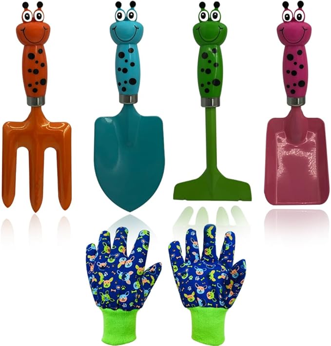 Kids Gardening Tools Gloves Set: 4 Cute Shovel Spade for Kid Garden Work with 1 Toddler Gloves for Teen Boy Girls