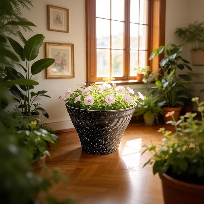 15.7 Inch Plant Pots 4 Pack, Large Planter Pots for Plants Indoor Outdoor, Sturdy Plastic Flower Pots with Drainage Hole, Retro Decorative Garden Pots, Plant Containers for House, Black
