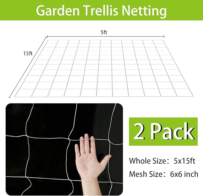 Trellis Netting for Climbing Plants, 2 Pack 5x15 Ft Heavy Duty Garden Trellis Netting, Square Garden Mesh Outdoor Grow Net for Support Vine Vegetable Fruits and Flower with 50 Pcs Garden Ties