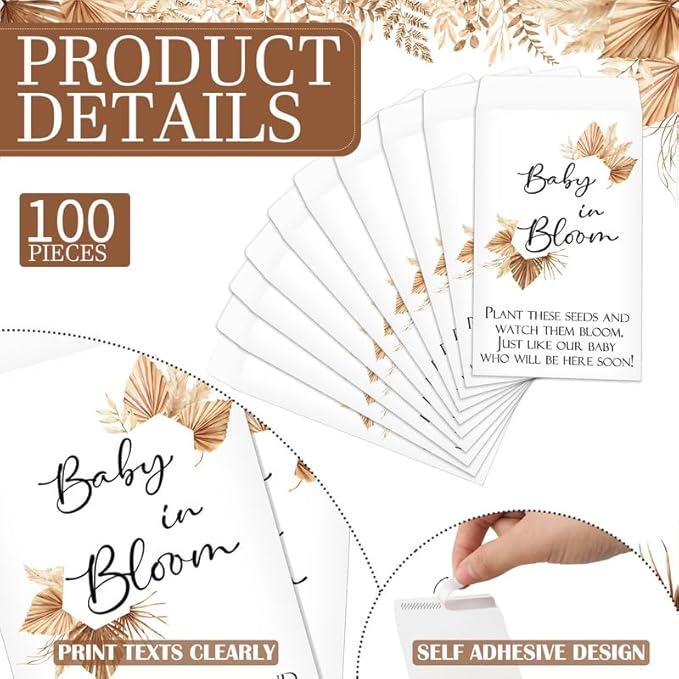 Maitys 100 Pcs Baby Shower Seed Packets Favors for Guests Baby in Bloom Wooden Sign Self Adhesive Envelopes Packet Storage Decor, No Seeds(Boho Style)