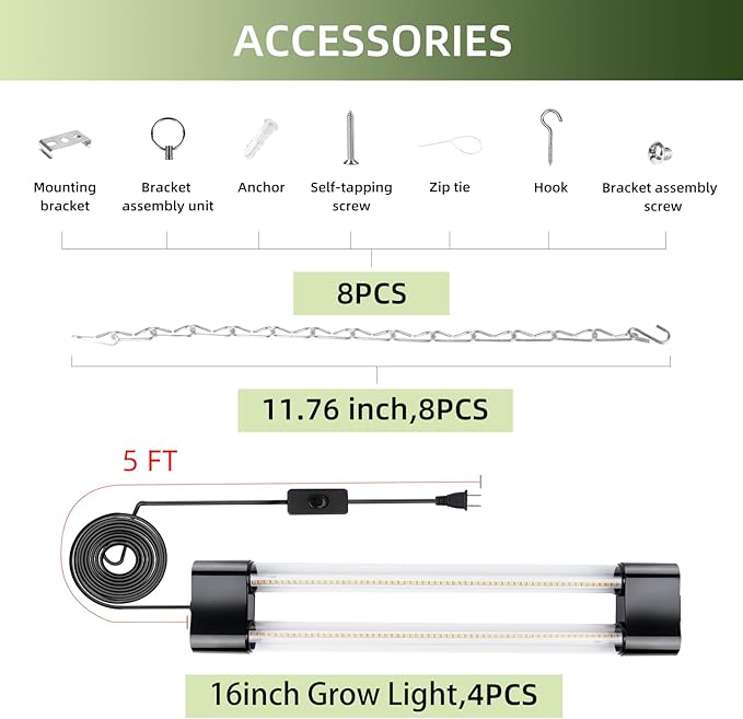 Hlite 16inch 4 Pack LED Grow Lights - Linkable Grow Lights for Indoor Plants, Full Spectrum Plant Lights Plug and Hanging Design with On/Off Switch Hanging Grow Light from seedling to Flowering, Black